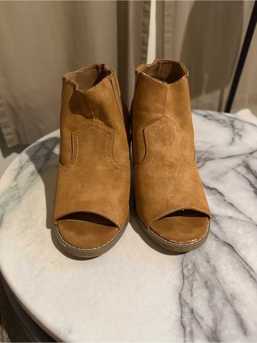 Maurices Tan Suede Peep-Toe Ankle Booties